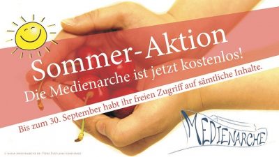 Das Teaser-Bild der Sommer-Aktion der Medienarche. Im Hintergrund: Hände, die Kirschen anbieten..